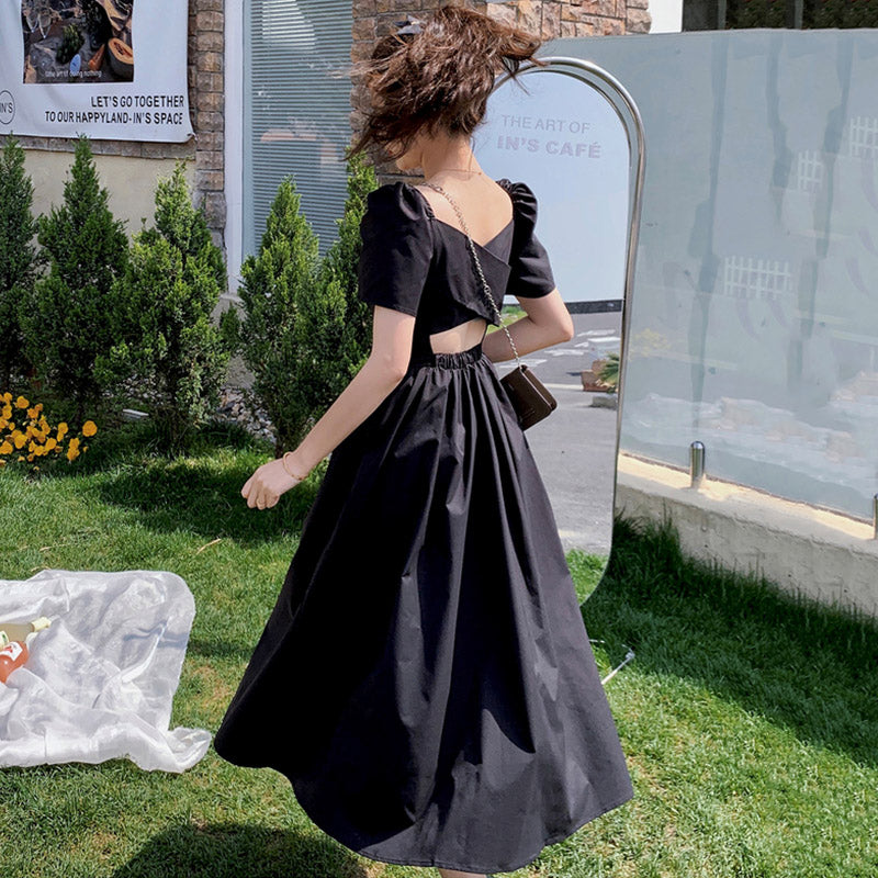 バックオープンフロントギャザーマキシワンピース