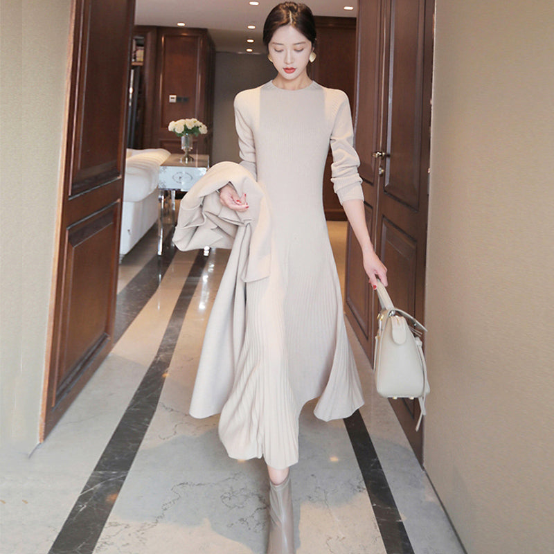 【即納】スタンドカラーフレアリブニットワンピース(2colors)