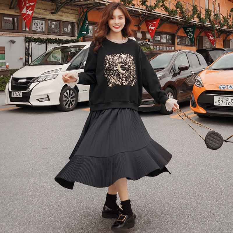 レイヤード風ブラックフリルロングワンピース（ブラック）秋 重ね着風  