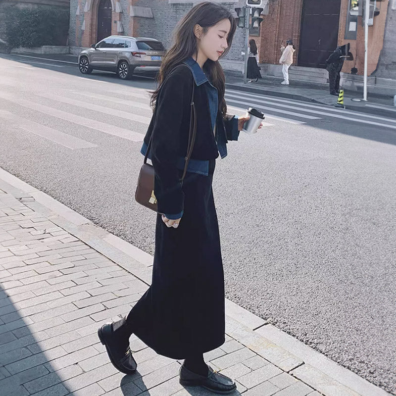 デニムシャツコンビクロップドジャケット×ワイドパンツ or ナロースカート(2colors / 2type)