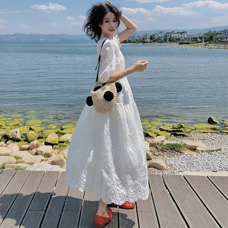 ホワイトレースワンピース（白）春/夏 ふんわり広がるAライン