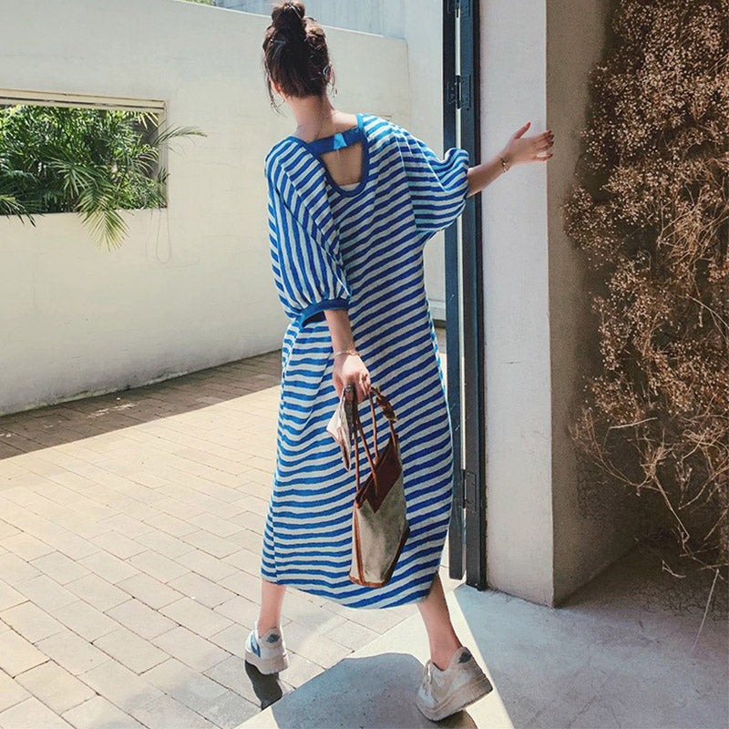 バルーン袖ボーダーロングワンピース