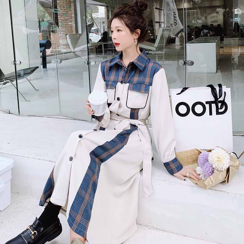 ウエストリボンチェック切り替えワンピース