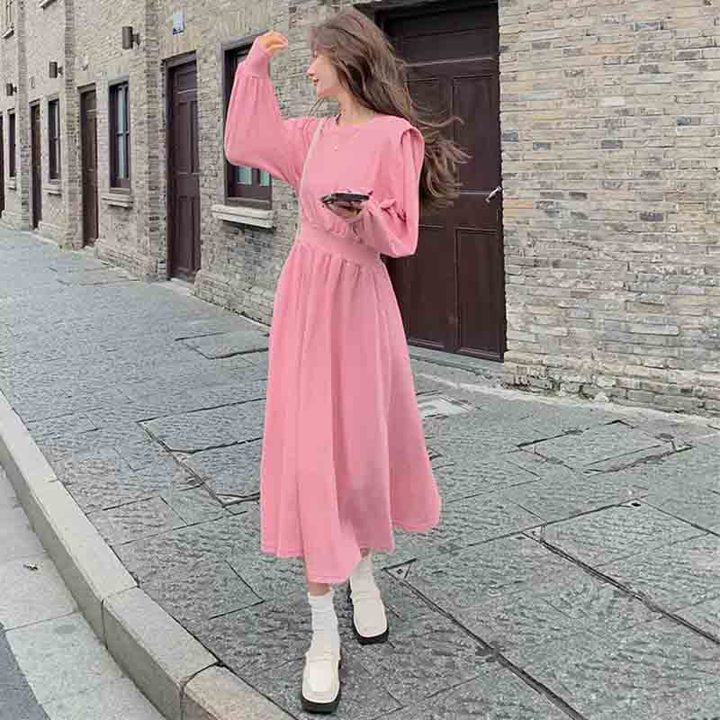 ピンクスウェット長袖Aラインワンピース