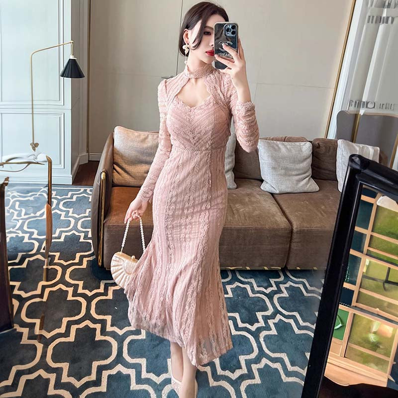 フロントオープンジオメトリックレースマーメイドワンピース