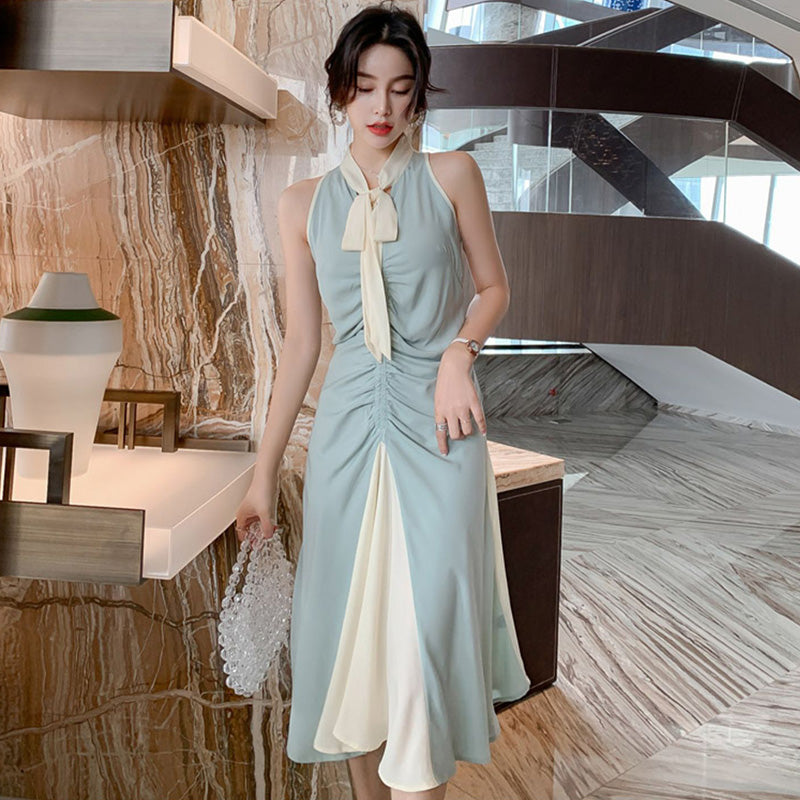 ボウタイフロントギャザーバイカラーワンピース