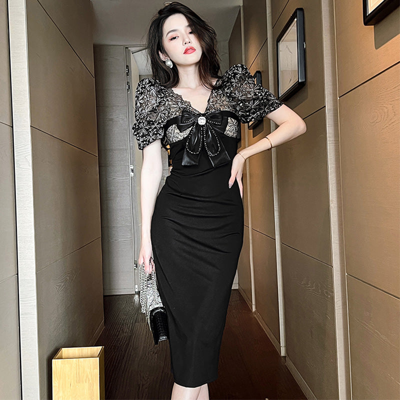 フロントリボンシアーレースコンビペンシルワンピース