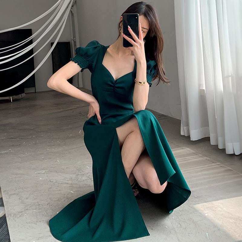 パフスリーブスリットワンピース