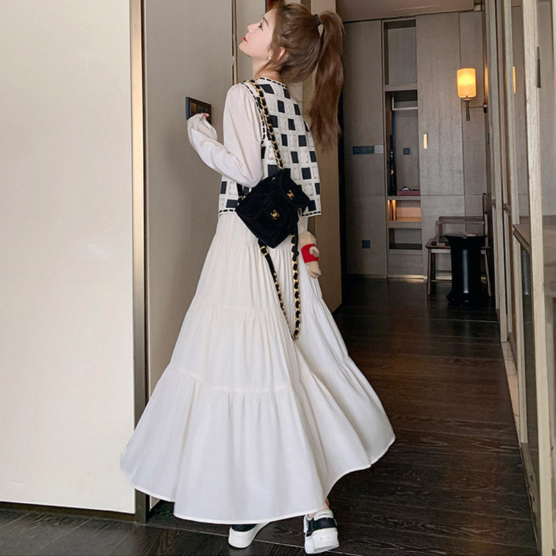 レトロチェックベスト×ティアードロングワンピース(2colors)