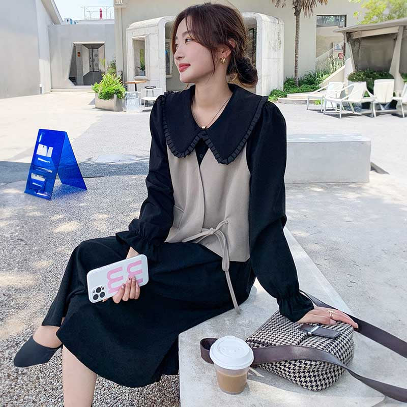 カシュクールベスト×ラウンドカラーワンピース