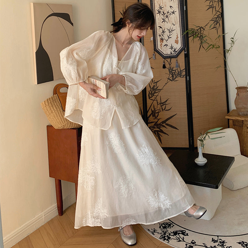 フラワー刺繍シフォンセットアップ