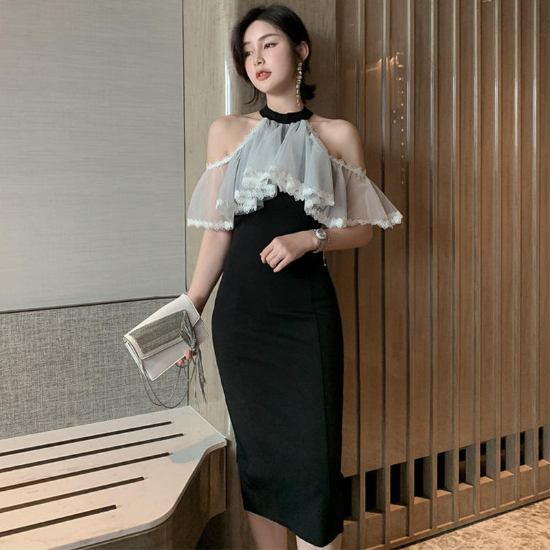 シアーラッフルコンビオープンショルダーペンシルワンピース