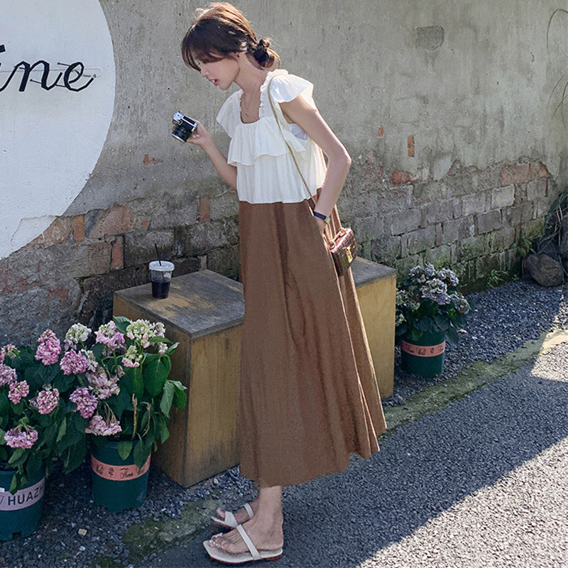 ラッフルスクエアネックバイカラーマキシワンピース