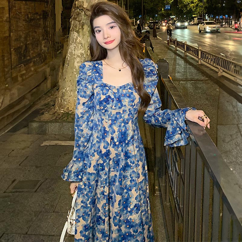 ペインティングフラワープリントロングワンピース