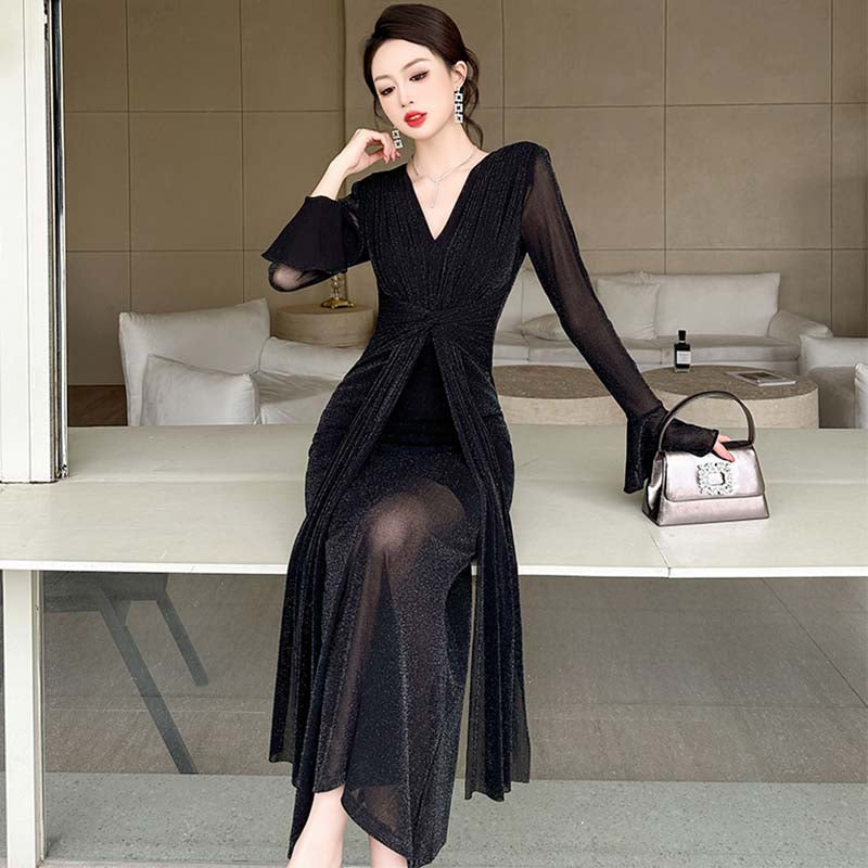 Vネックウエストクロスギャザーワンピース