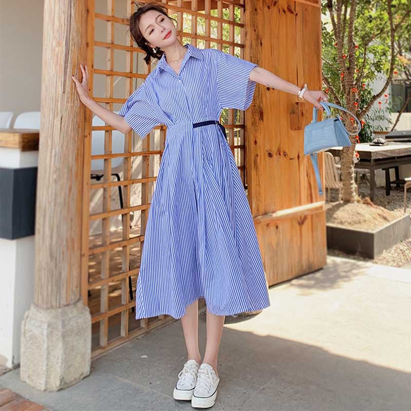 サイドベルトストライプワンピース（青）春/夏 大人マリンスタイル 