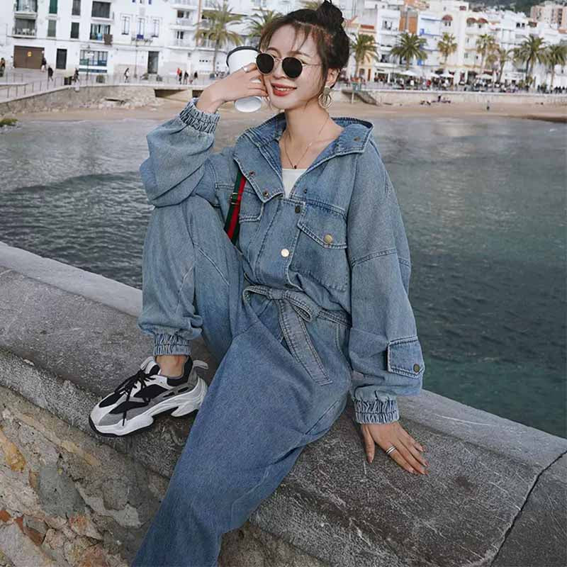 スタンドカラーフード付きデニムオールインワン