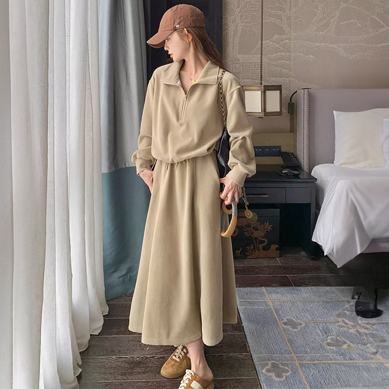 ハーフジップショートトレーナー×マキシフレアスカート