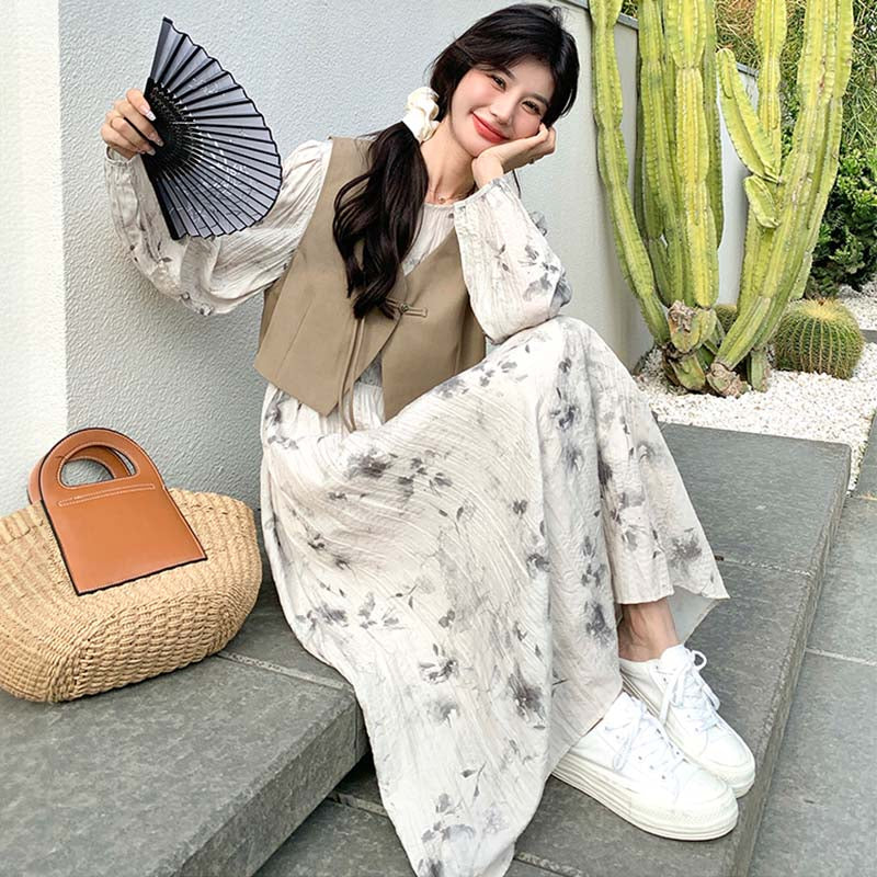 チャイナ風ベスト×花柄シャーリングワンピース