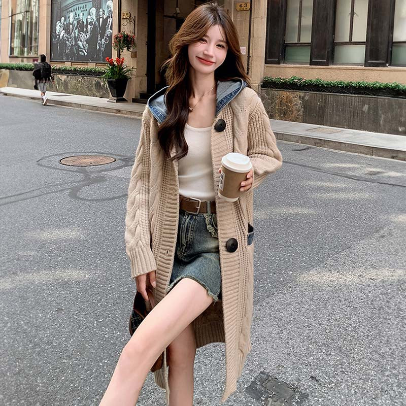 デニムフード付きニットカーディガン