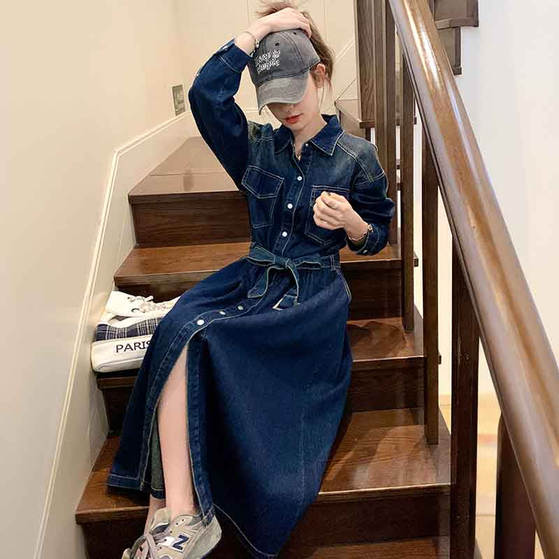ロング丈デニムシャツワンピース
