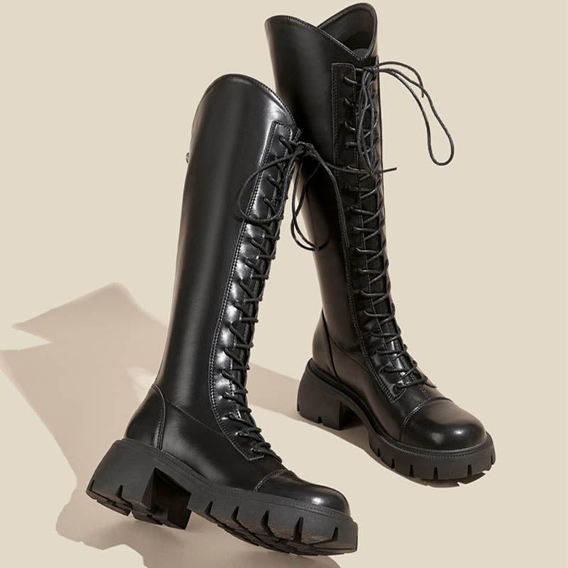 レースアップロングブーツ(黒・茶) 春/夏/秋/冬 コーデを選ばず合わせ  