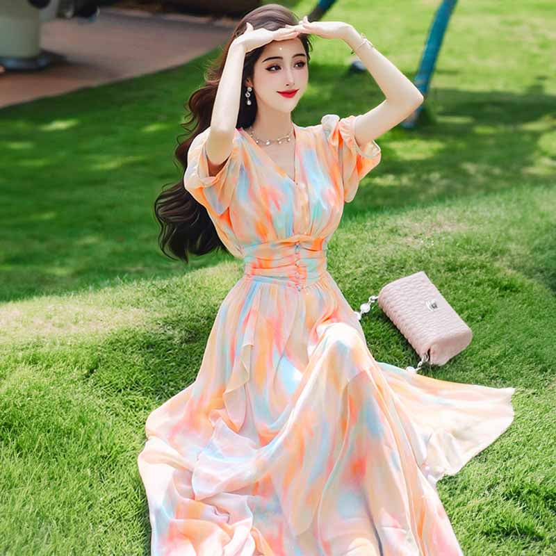 柄プリントシースルーロングワンピース