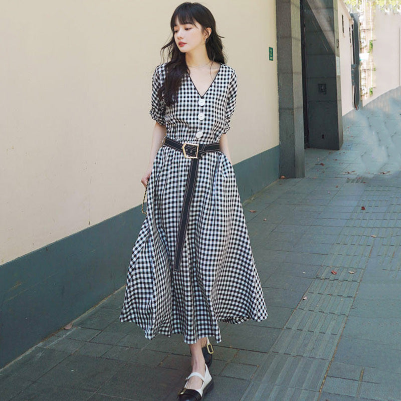 ビッグフロントボタンギンガムチェックマキシワンピース