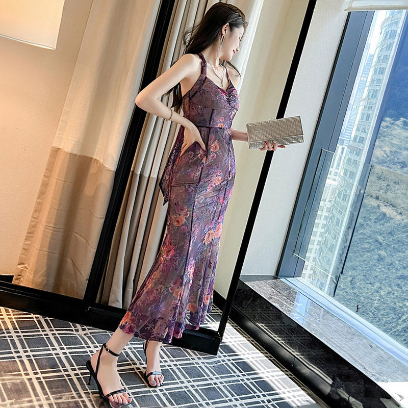 花柄シアーマーメイドホルターネックワンピース