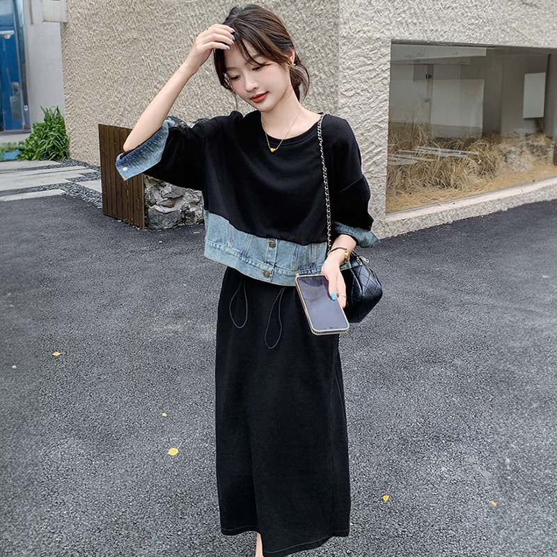 デニム切り替えスウェットワンピース