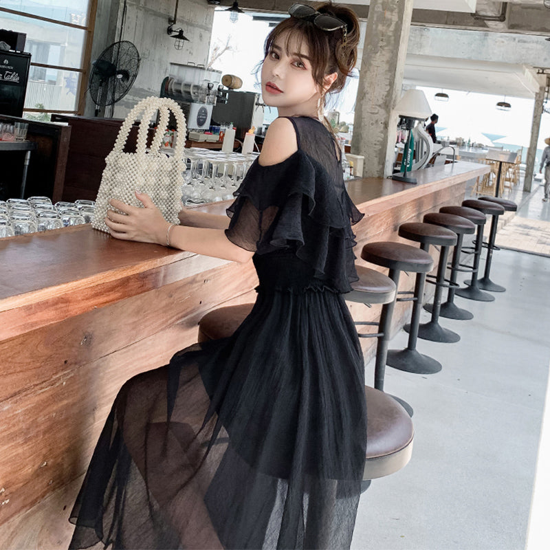 オープンショルダーシアーブラックワンピース 