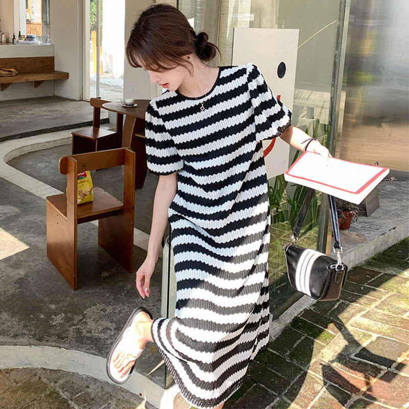 フレアスリーブギザギザボーダーマキシワンピース