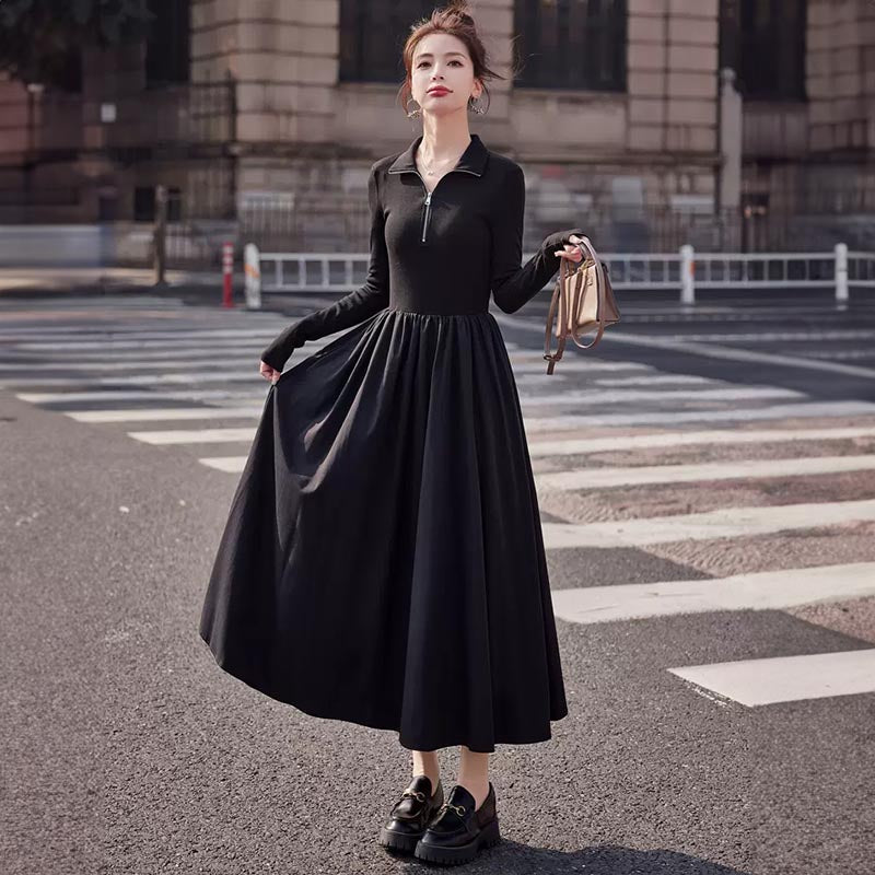 ハーフジップブラックAラインワンピース