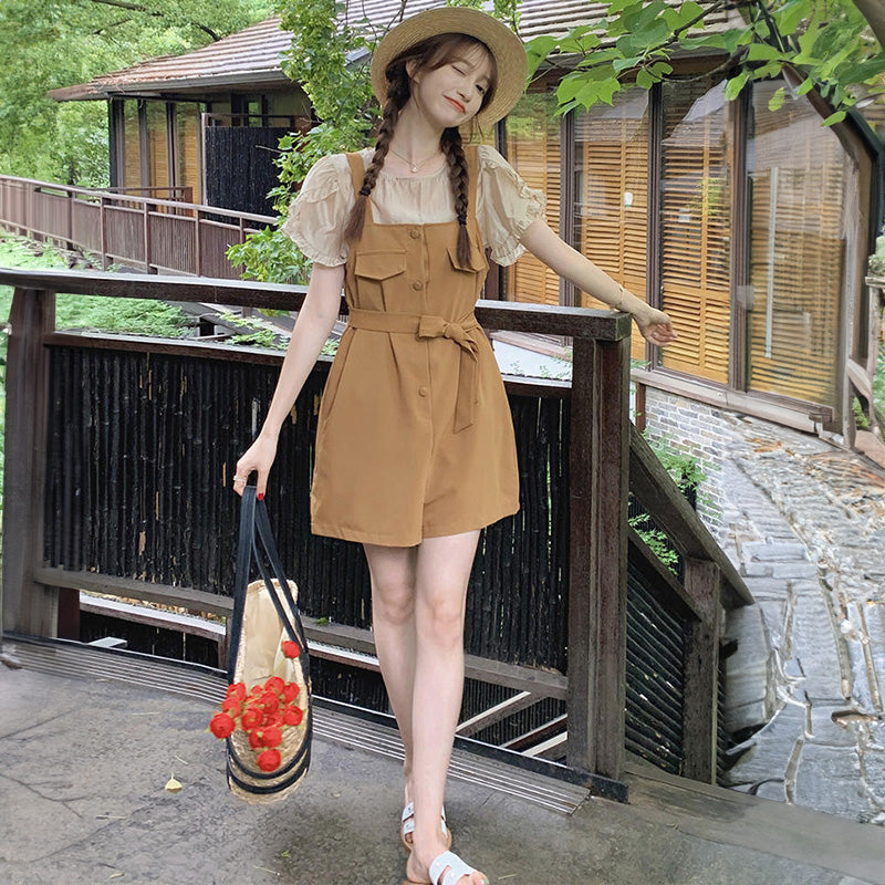 ラップスリーブブラウス×ウエストマークサロペット