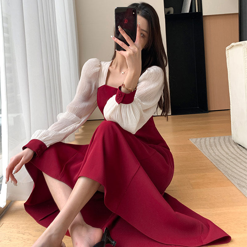 異素材ランタンスリーブバイカラーロングワンピース