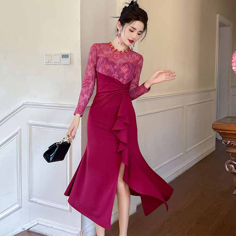 レース切り替えスリット入りパーティドレス