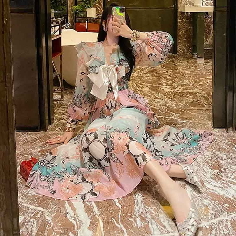 レトロハワイアンプリントグラデーションワンピース