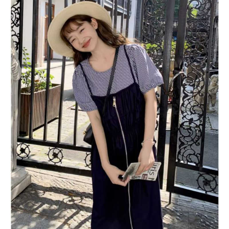 ギンガムチェックブラウスコンビフロントジッパーワンピース