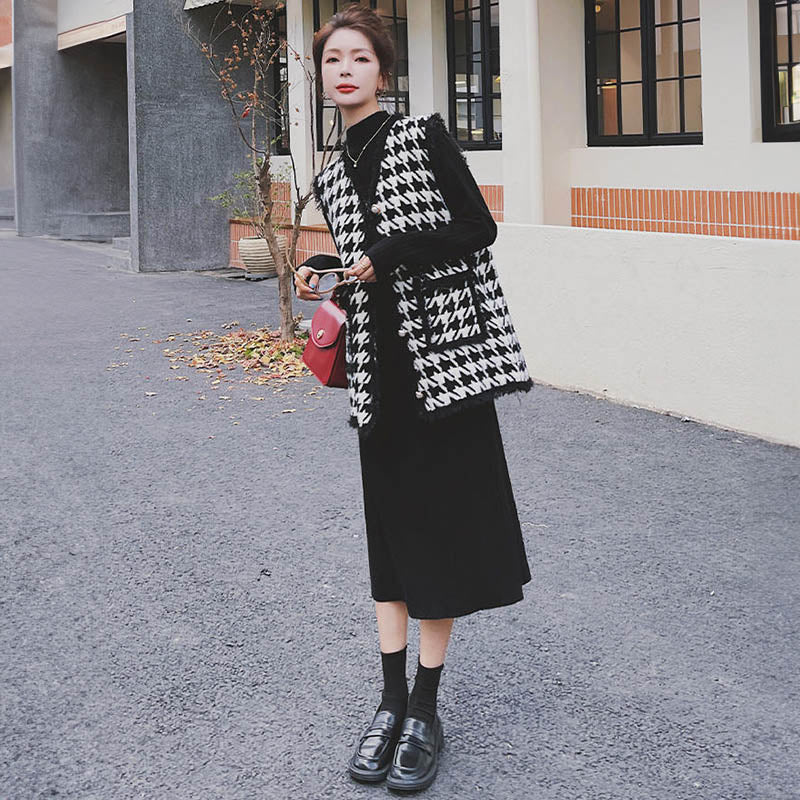 千鳥柄ベスト×リブニットワンピース