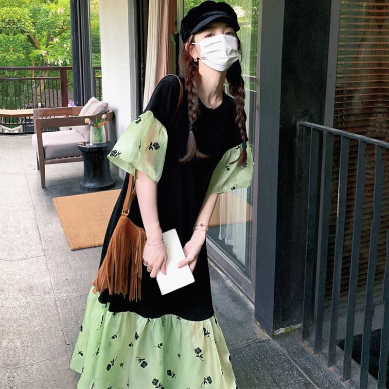 バイカラーフレアワンピース（黒・緑）春/夏 フレアが軽やかな印象に 