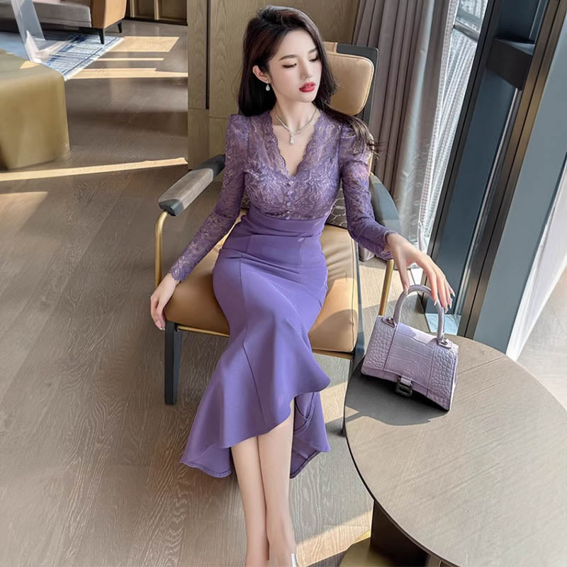 グラマラスレースブラウスコンビマーメイドワンピース