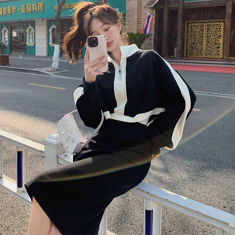 モノトーンハーフジップワンピース