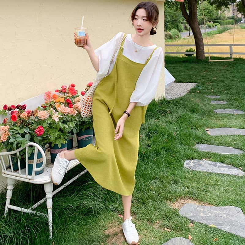 ラウンドネックブラウス×エプロンサロペットスカート(2colors)