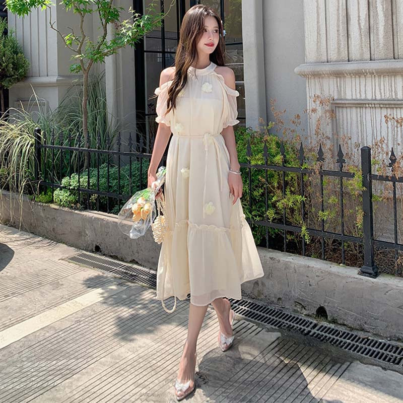 オープンショルダーシフォンワンピース