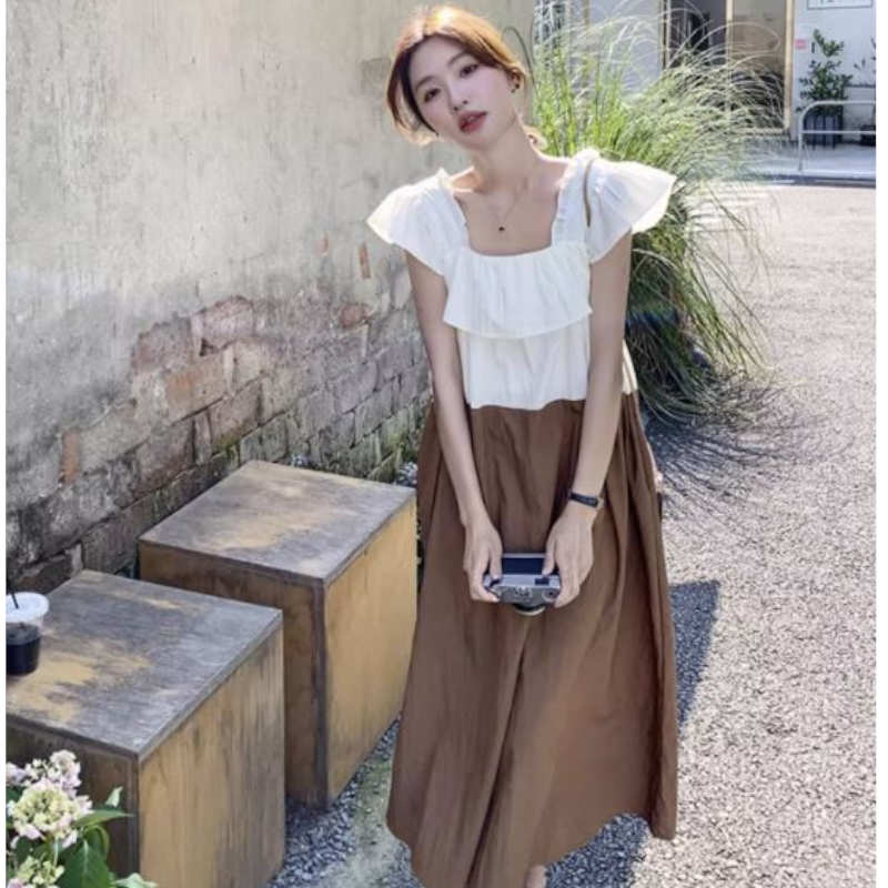 ラッフルスクエアネックバイカラーマキシワンピース