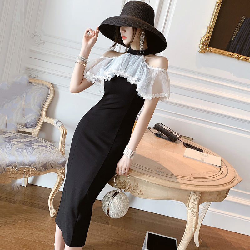 オープンショルダーシアーラッフルタイトワンピース