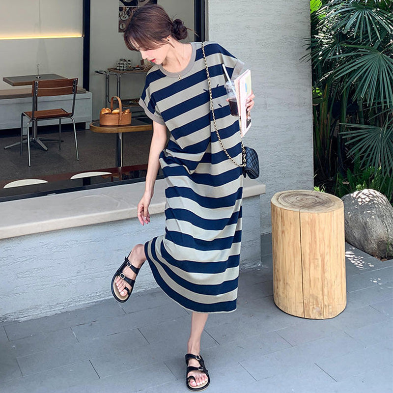 ボーダーフレンチスリーブTシャツマキシワンピース