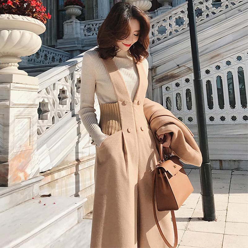 スリット入りハイネックリブニット×Vネックリブウエストサロペットパンツ(2colors)