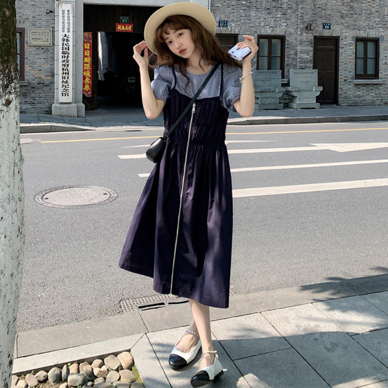 ギンガムチェックブラウスコンビフロントジッパーワンピース