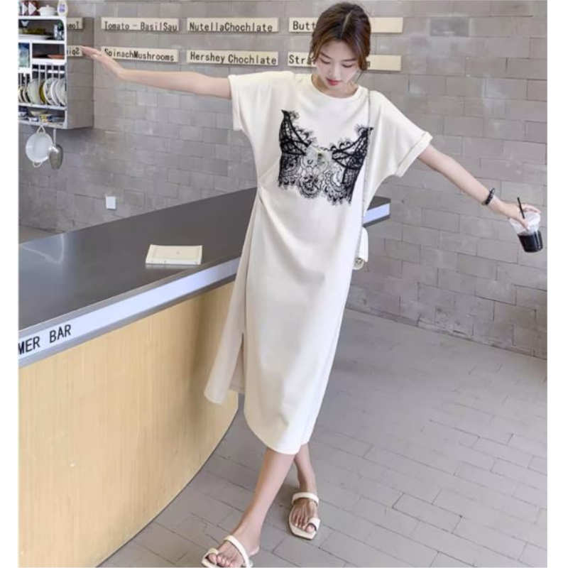 レースプリントゆるTシャツワンピース